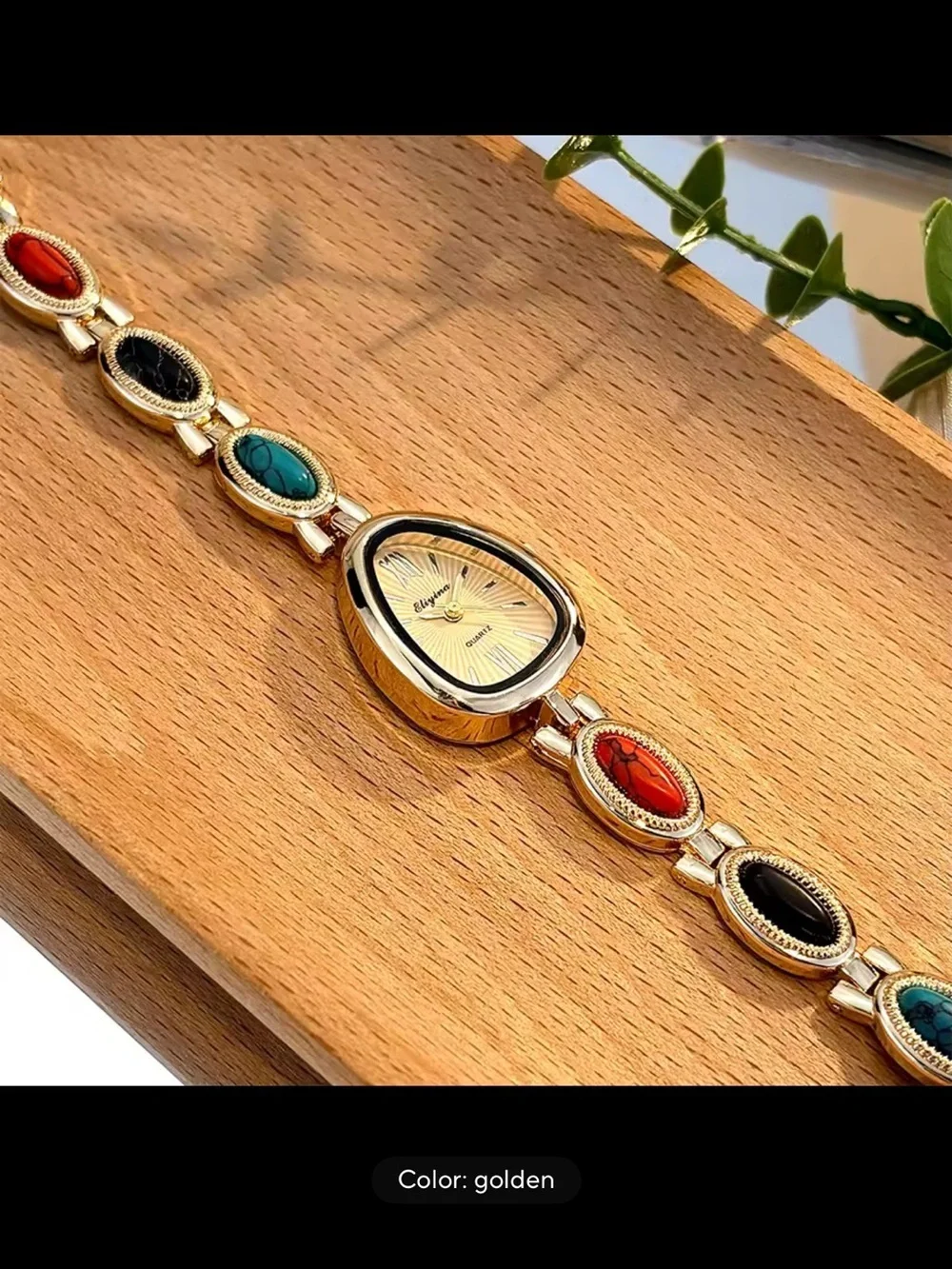 Gold Teardrop Dial Bracelet Watch with Red, Black and Turquoise Accents